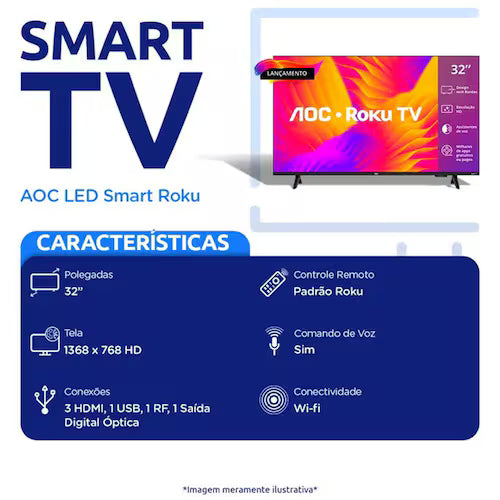 Smart TV AOC DLED 32 Polegadas WI-FI Roku TV Quad Core 32S515578G - Smart TV AOC DLED 32 Polegadas Roku TV