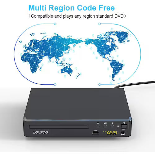 Reprodutor de DVD HD Multirregional com Saída HDMI e AV e Entrada USB 2.0 e Microfone - Design Compacto