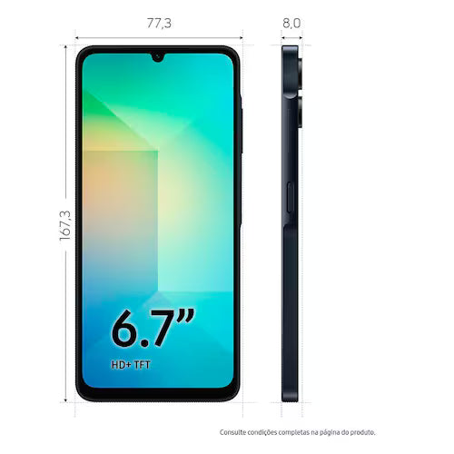 Smartphone Samsung Galaxy A06 Azul Escuro 4G 128GB 4GB RAM Tela 6,7 Processador Octa-Core, Câmera Traseira de 50MP e Selfie de 8MP