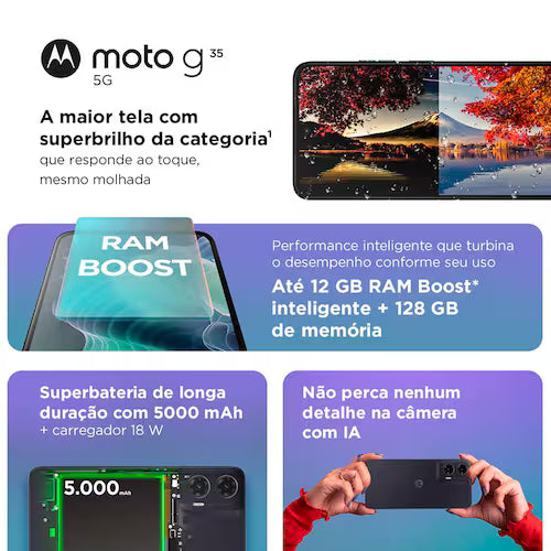 Smartphone Motorola Moto g35 5G Verde 128GB 4GB RAM + 8GB Ram Boost e Camera 50MP com AI NFC Tela 6.7 com Superbrilho