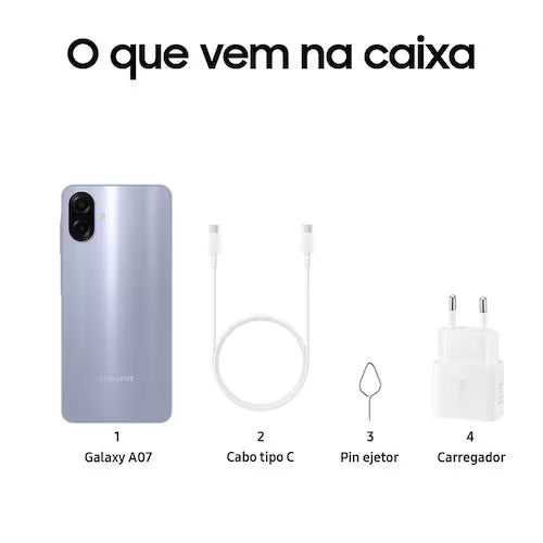Celular Samsung Galaxy A07 128GB, 4GB, Câmera 50MP, Tela 6.7, Proteção IP54, Processador 6nm - Violeta