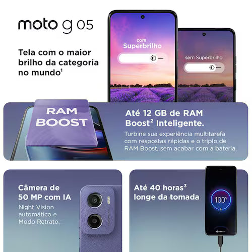 Smartphone Motorola Moto g05 Cinza Vegan Leather 128GB 4GB RAM + 8GB Ram Boost e Camera 50MP com AI Bateria de 5200 mAh Tela 6.7 e Su