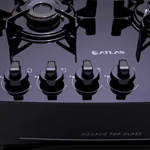 Fogão Atlas 4 Bocas Mônaco Top Glass com Mesa de Vidro e Acendimento Automático Bivolt – Preto