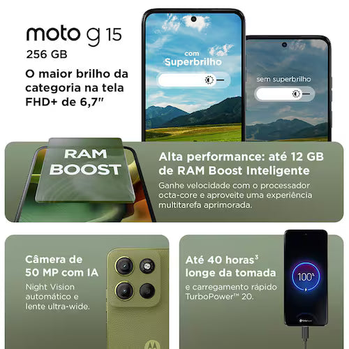 Smartphone Motorola Moto g15 Grafite 256GB 4GB RAM+8GB Ram Boost e Camera 50MP com AI e Night Vision, 5.200mAh Tela FHD+ 6.7 Superb