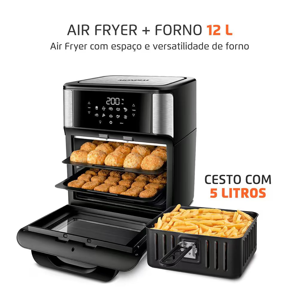 Fritadeira Elétrica Sem Óleo Air Fryer Oven 2 em 1 Mondial AFON-12L-BI 12L Digital – Preta/Inox - 110V