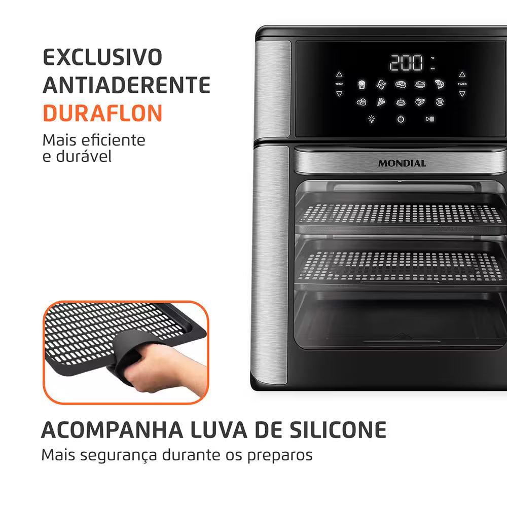 Fritadeira Elétrica Sem Óleo Air Fryer Oven 2 em 1 Mondial AFON-12L-BI 12L Digital – Preta/Inox - 110V
