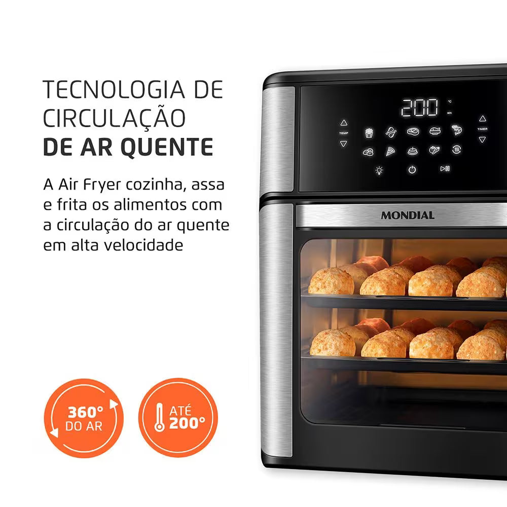 Fritadeira Elétrica Sem Óleo Air Fryer Oven 2 em 1 Mondial AFON-12L-BI 12L Digital – Preta/Inox - 110V