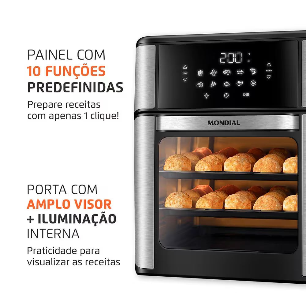 Fritadeira Elétrica Sem Óleo Air Fryer Oven 2 em 1 Mondial AFON-12L-BI 12L Digital – Preta/Inox - 110V