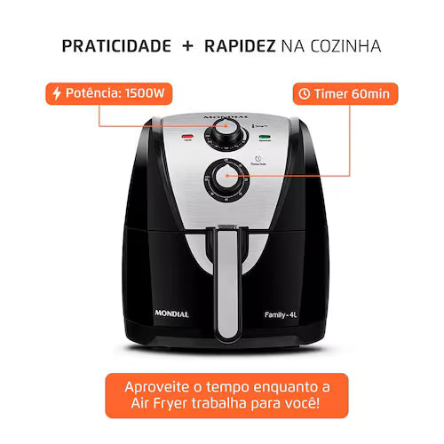 Fritadeira Elétrica Sem Óleo Air Fryer Mondial AFN40BI Family Inox 4L PretaInox - 110V