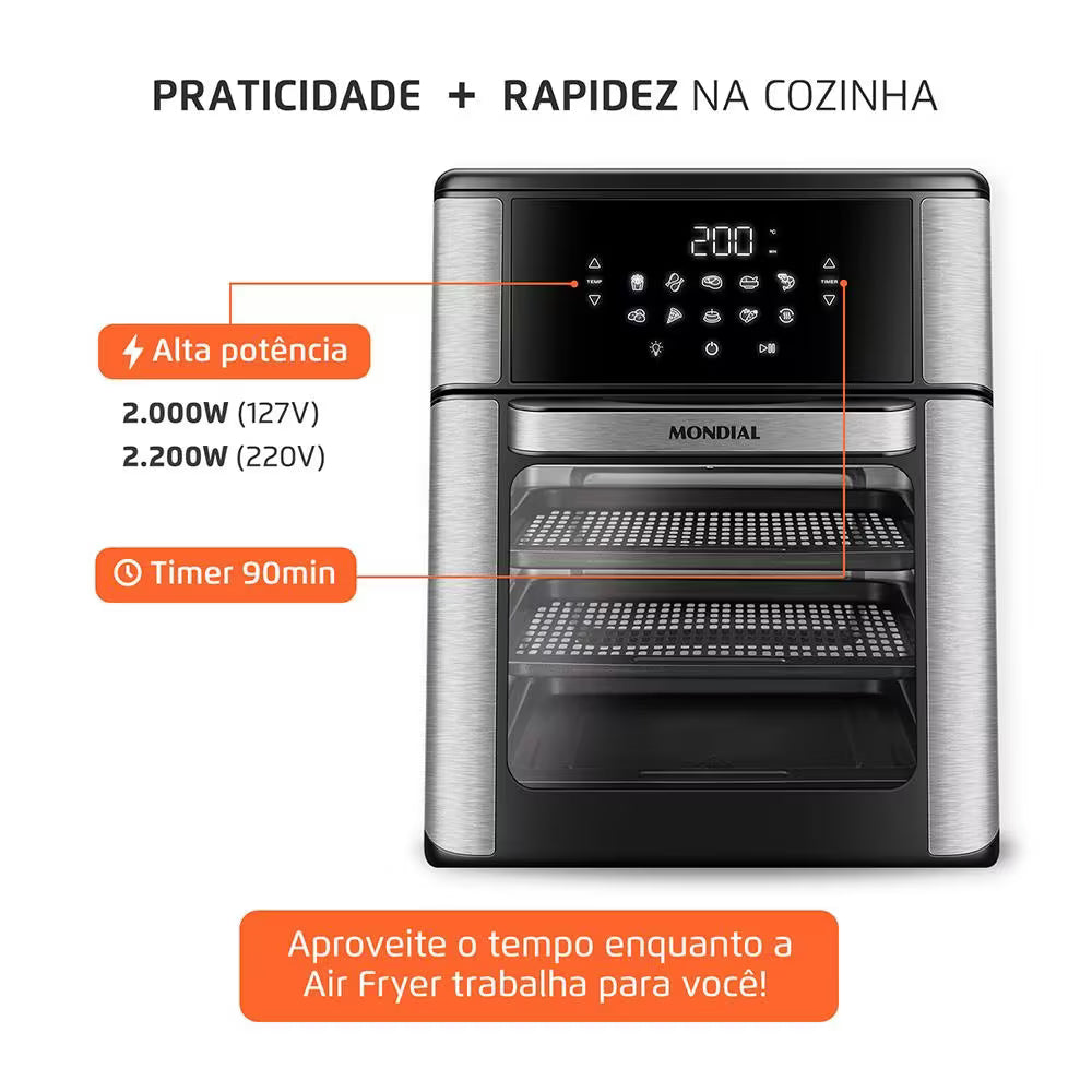 Fritadeira Elétrica Sem Óleo Air Fryer Oven 2 em 1 Mondial AFON-12L-BI 12L Digital – Preta/Inox - 110V