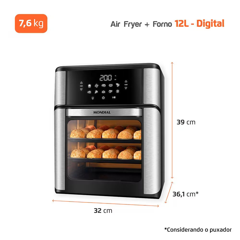 Fritadeira Elétrica Sem Óleo Air Fryer Oven 2 em 1 Mondial AFON-12L-BI 12L Digital – Preta/Inox - 110V