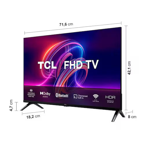 Smart TV LED 32 Full HD TCL S5400AF com Android TV, Wi-Fi, Bluetooth, Controle Remoto com Comando de Voz, Google Assistente e Chromecast integrado